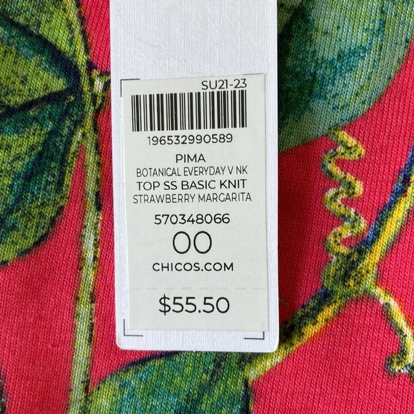 NWT Chico's Botanical V-Neck Strawberry Maragrita Everyday Tee (Size 00) - Picture 9 of 10